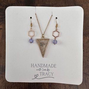 New Handmade Gold-Tone Earrings and Real Forget-Me-Not Flower Necklace Set (V4)